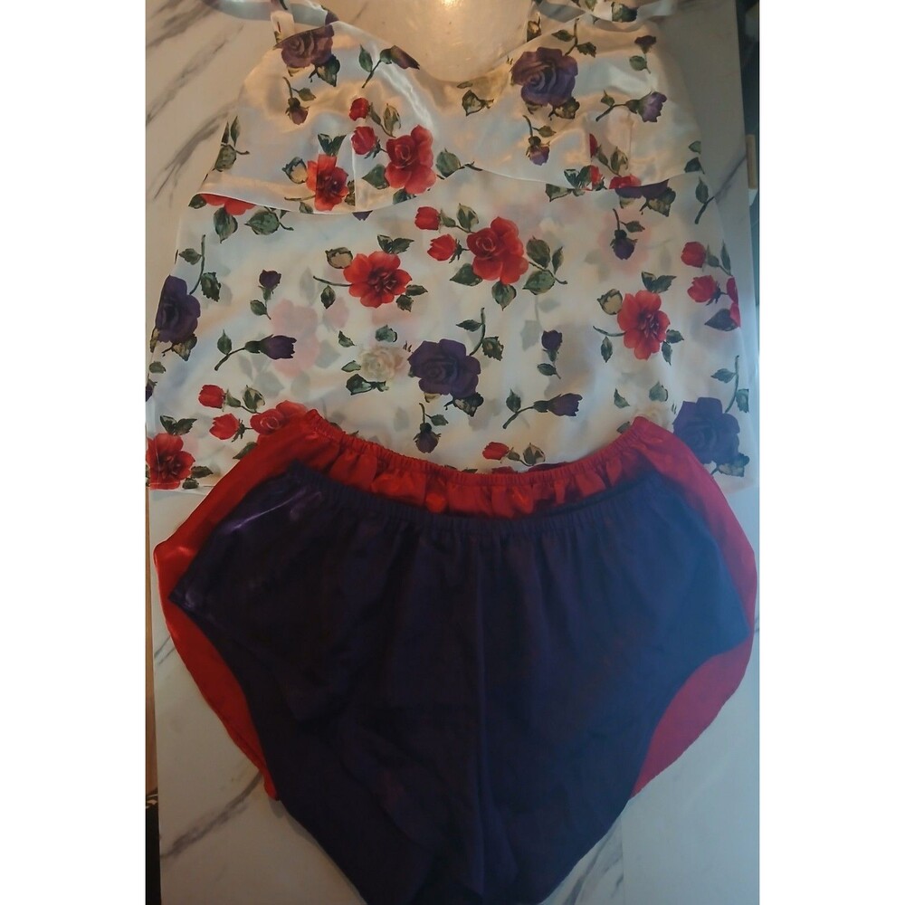 Red Rose Shorts & Cami  Pajama Set Size Large- 3 Piece Romantic Floral PJ